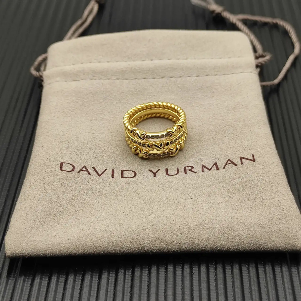 David Yurman Gold Bezel Three-Row Diamond Ring
